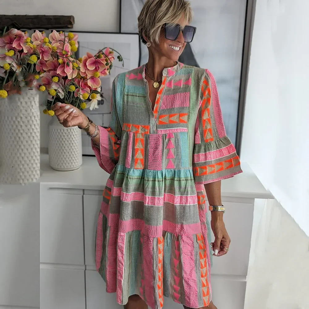 Vestidos Czeska krótka spódniczka z plisami i dekoltem w szpic, odpowiednia dla kobiet, seksowna mini spódniczka z nadrukiem w stylu vintage, luźna i swobodna — zdjęcie 2