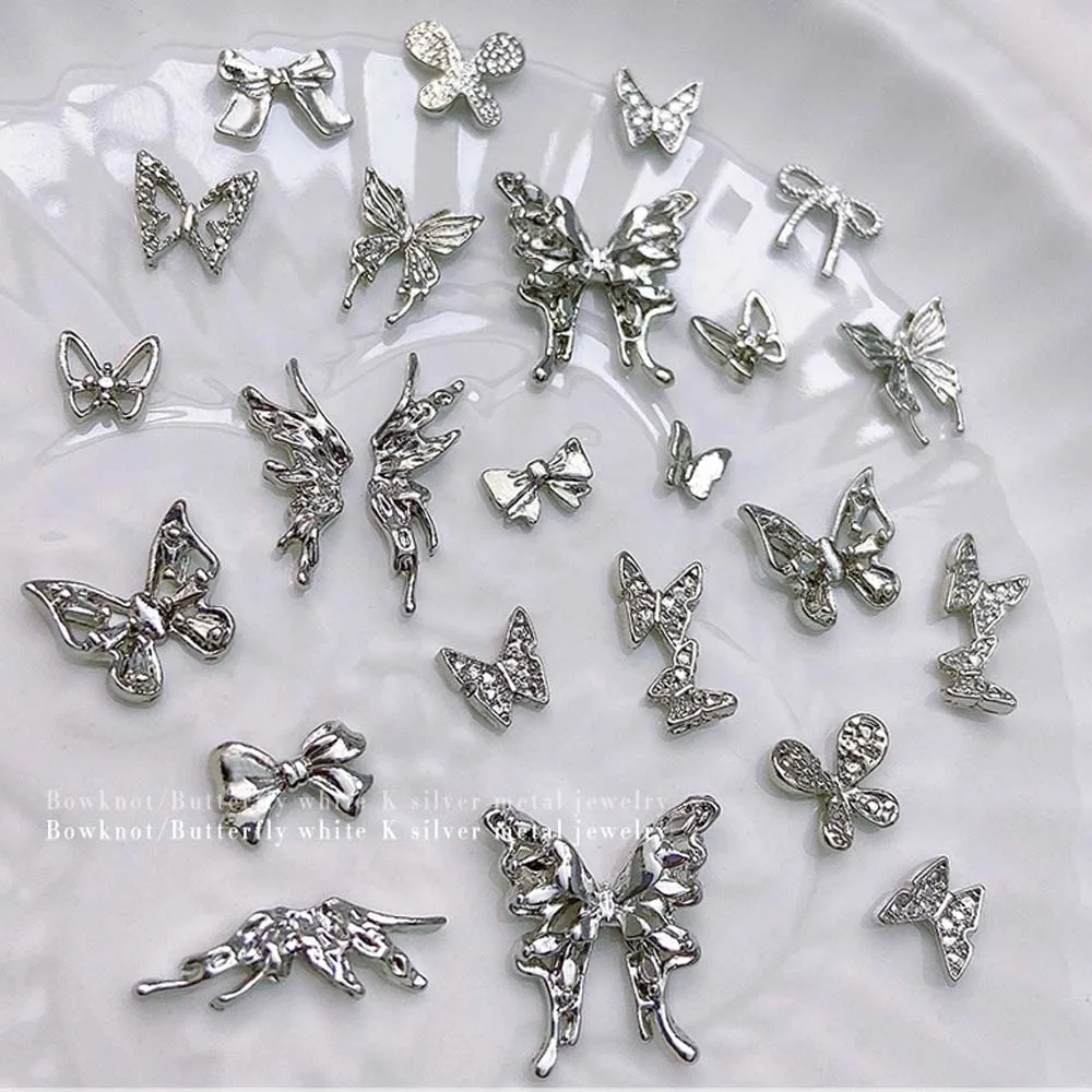 20pcs Butterfly Shaped Nail Art Charms 3D Alloy Silver Luxury Buttrefly Ribbon Bow Nail Art Decoration Retro DIY Nail Supplies