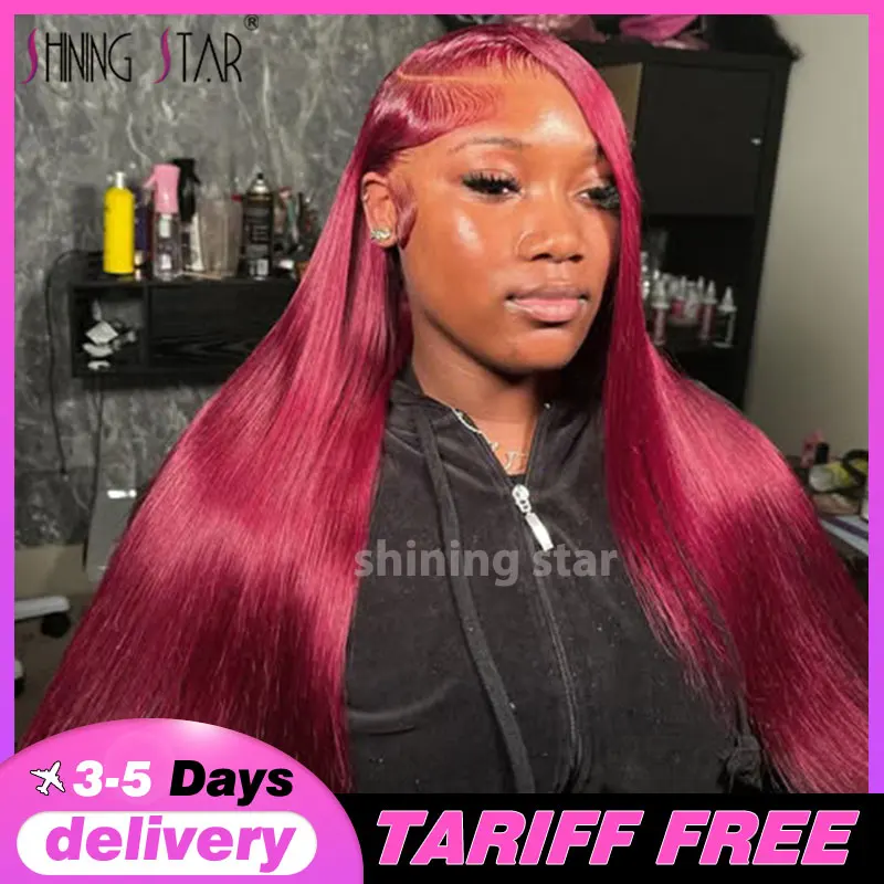 

32 34 Inches Burgundy 99J 13X6 Hd Transparent Lace Frontal Human Hair Wig Straight Wig For Women Red Colored 180% Density Wigs