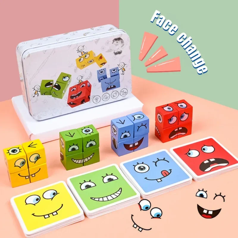 Blocs de construction à changement de visage, Cube de dessin animé, jeu de société, Puzzle en bois, jouets anti-Stress et d'anxiété Montessori pour enfants