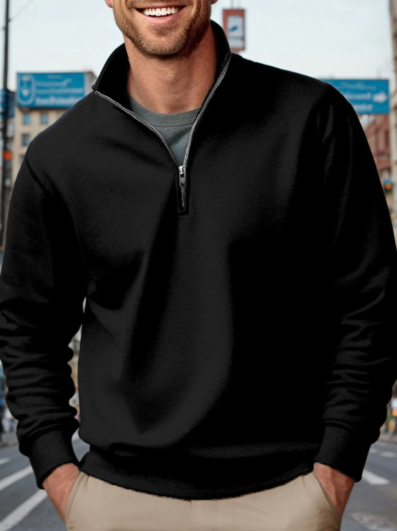 New Men's Fleece-Lined Zipper Stand Collar Sweatshirt - Casual Solid Color Design, Perfect for Warmth in Fall and Winter