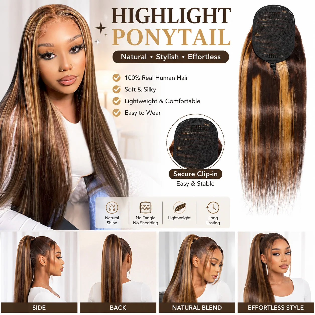 #4/27 Highlight Color Brown Straight Drawstring Ponytail Hair Extensions Ponytail Real Remy Human Hair For Women