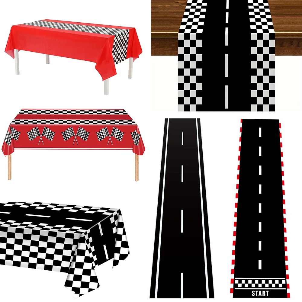 Manteles de camino de mesa de coche de carreras, cubierta de mesa, bandera a cuadros, pista de carreras, decoración de fiesta de cumpleaños temática