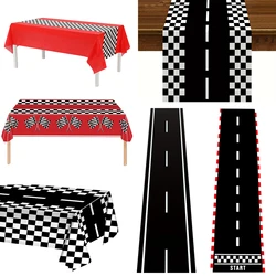 Manteles de camino de mesa de coche de carreras, cubierta de mesa, bandera a cuadros, pista de carreras, decoración de fiesta de cumpleaños temática de coche de carreras para niños