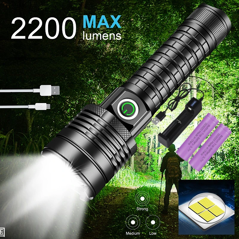 Skywolfeye High Lumens LED Flashlight Rechargeable USB Torch with 2 Rechargeable Batteries&USB Charger 1-Slot for Emergency