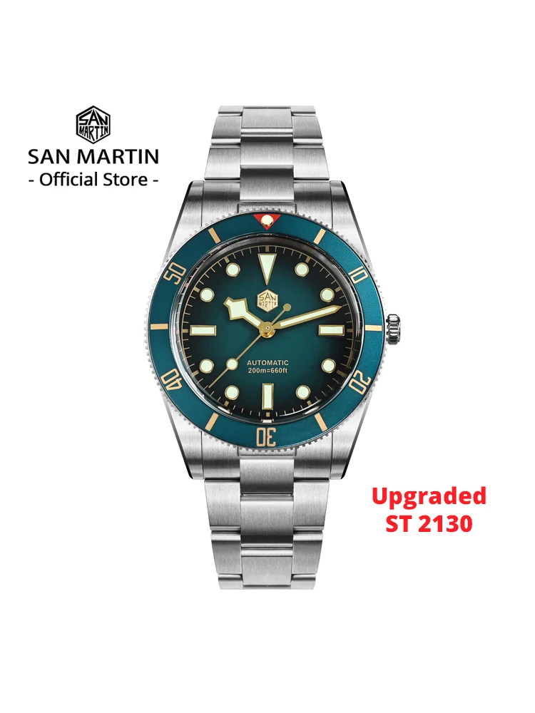 Relógio de Mergulho Masculino San Martin BB54 Vintage 37mm, Novo e Aprimorado, Automático Mecânico ST2130, Safira Luminosa, À Prova D'água 200m SN0138