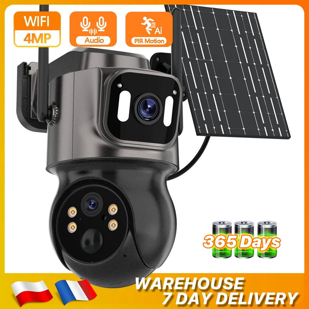 Camra solaire WiFi extrieure 4K HD, batterie intgre, double objectif, panneau solaire, camra sans fil, alarme PIR, iCsee