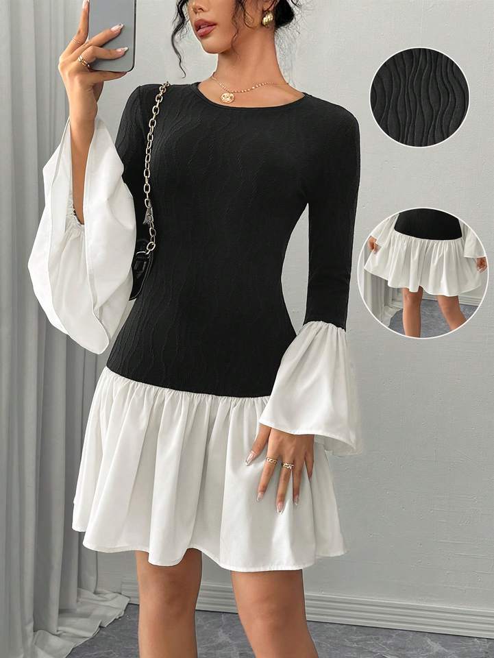 Sexy and fashionable knitted woven spliced tight big lotus leaf cuff hem texture autumn and winter ladies' women's dress