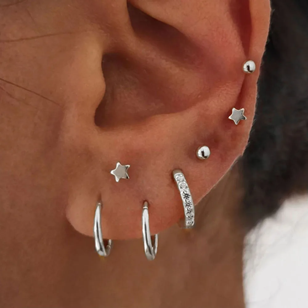 4Pairs Stainless Steel Small CZ Hoop Star BalL Stud Earrings Set for Women, 18K Gold Plated Earring Stack for Multiple Piercing