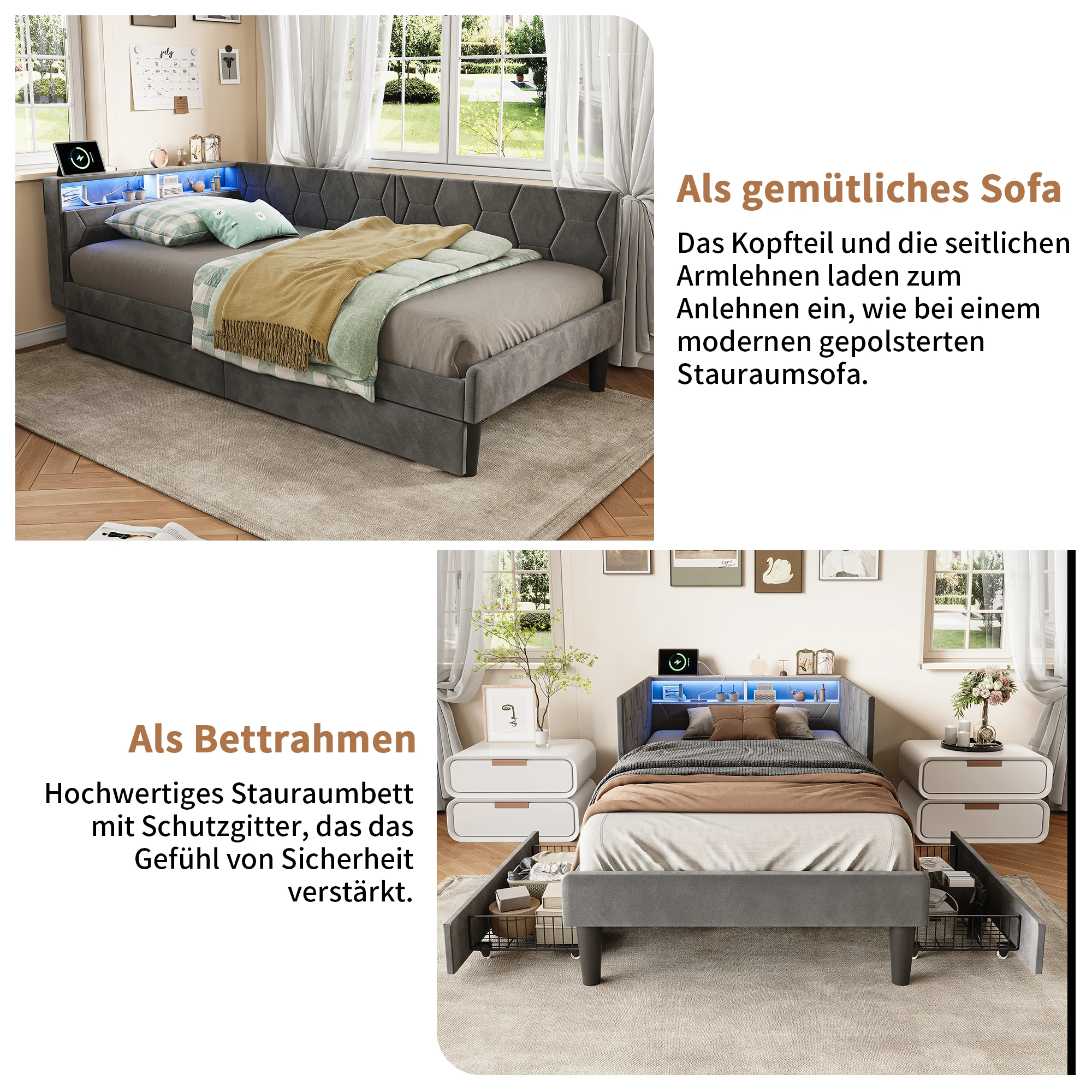 Superaly, divano letto 90x200 cm, letto imbottito con 2 cassetti in metallo, letto singolo, letto per bambini, testiera con vani contenitori, letto con spazio contenitivo, letto per adolescenti, letto