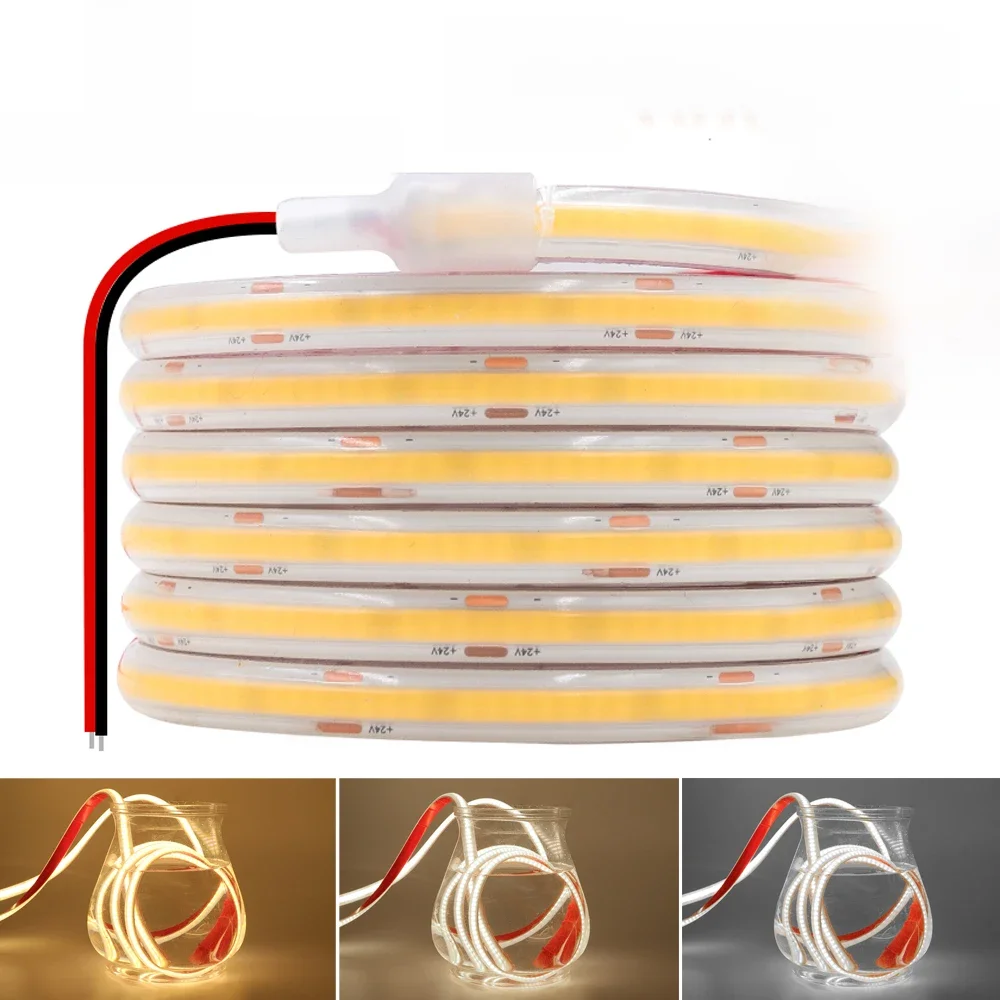 Ip68 wasserdichtes cob led streifen licht 12v 24v 320 leds/m hohe helligkeit ra90 flexibles band led