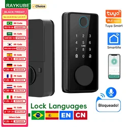 RAYKUBE DS01 Serratura con catenaccio intelligente per impronte digitali Tuya Bluetooth a 4 lingue con chiusura/chiave sensore porta/password/scheda/sblocco APP Tuya