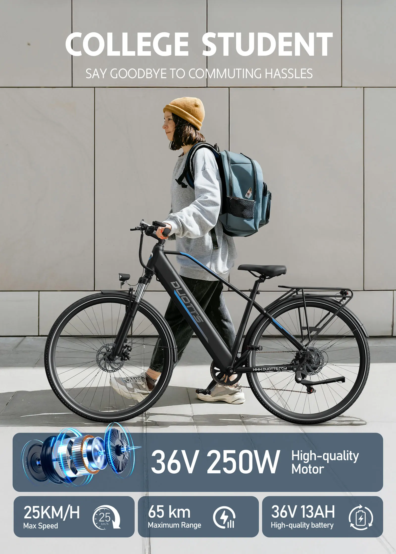 DUOTTS C29 Lite E-Bike, 250W Hochleistungsmotor, 36V13AH abnehmbarer Akku mit Akkusicherung, 65 km Reichweite für Stadtfahrten, LED-Farbdisplay, 27,5 Zoll pannensichere Reifen, elektrisches Mountainbike. – Detail 3