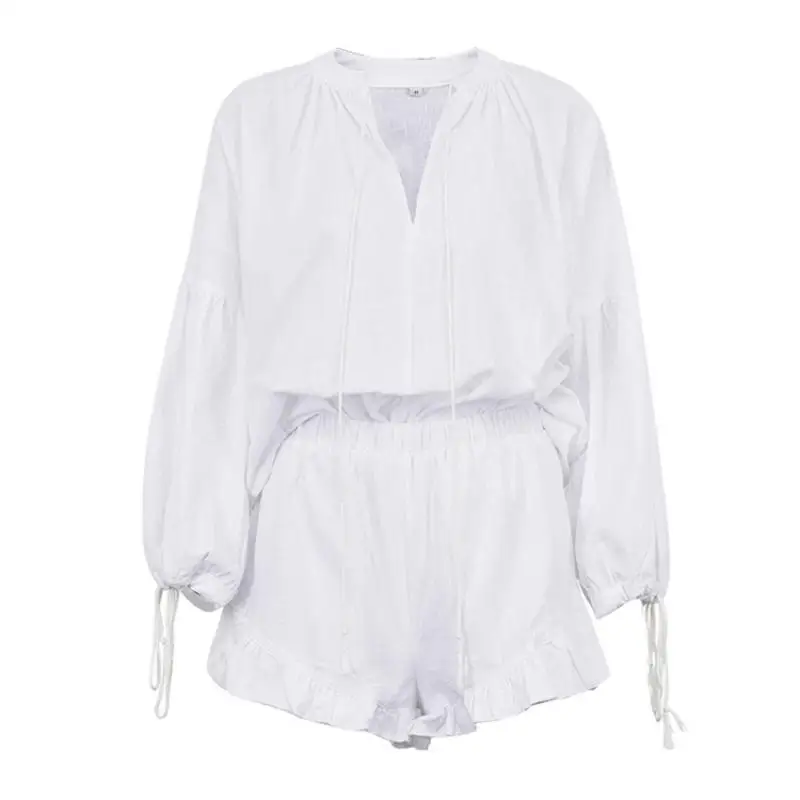 Sets for Women 2 Pieces Elegant Casual V-neck Drawstring Long Sleeved Top Short Sets Loose Ruffle Summer Beach Lace Up Outfits