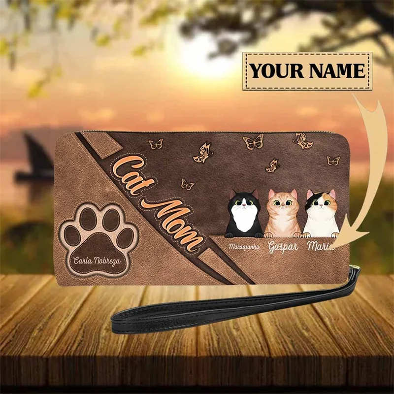 Personalized Cat Mom Pu Leather Cutch Purse Cusom Name Wallets For Women High Quality Small Money Bag Monedero Mujer