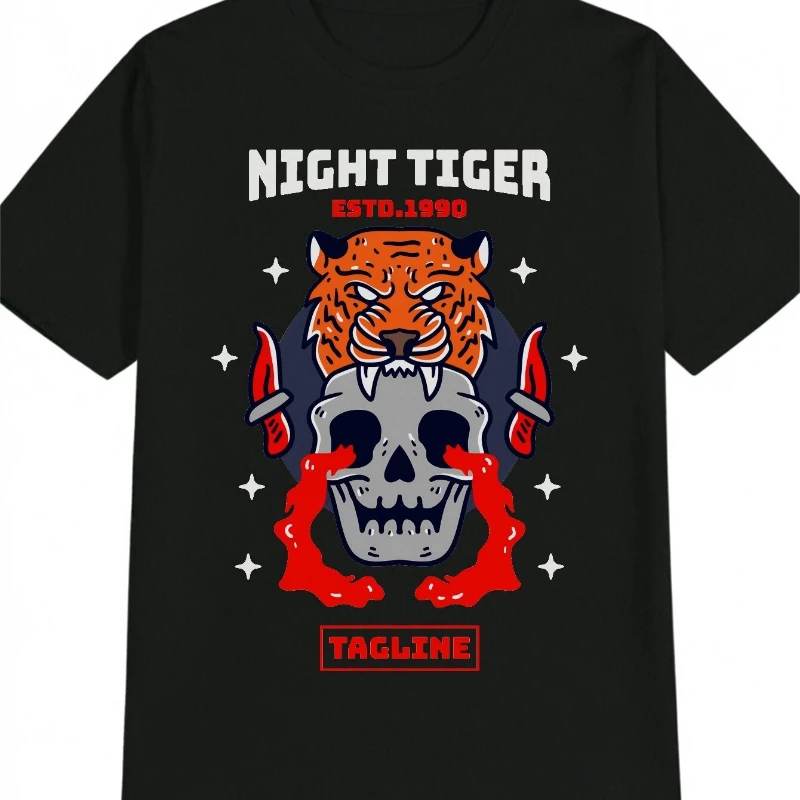 

Men'S Casual Crew Neck T-Shirt with Night Tiger Skull Design Soft Fabric Perfect Everyday Tshirt Bold Graphic Tee Comfortable Fi
