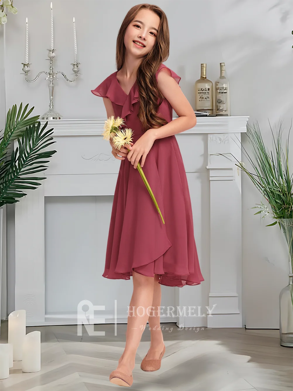 

B Kids A-Line V-Neck Chiffon Junior Bridesmaid Dress Blush Flower Girl Dress Asymmetrical Summer Party Gown Cascading Ruffles