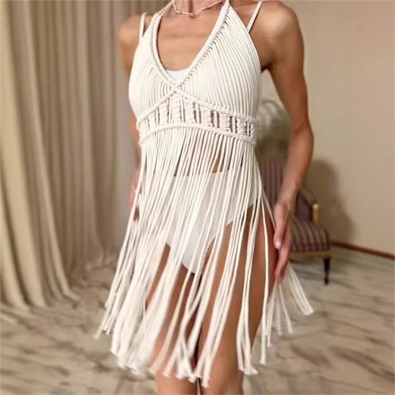 Women's Boho Crochet Tassel Cover Up, Sexy Sleeveless Backless Fringe Beach Dress, Handmade Knit Bikini Swimsuit Sarong