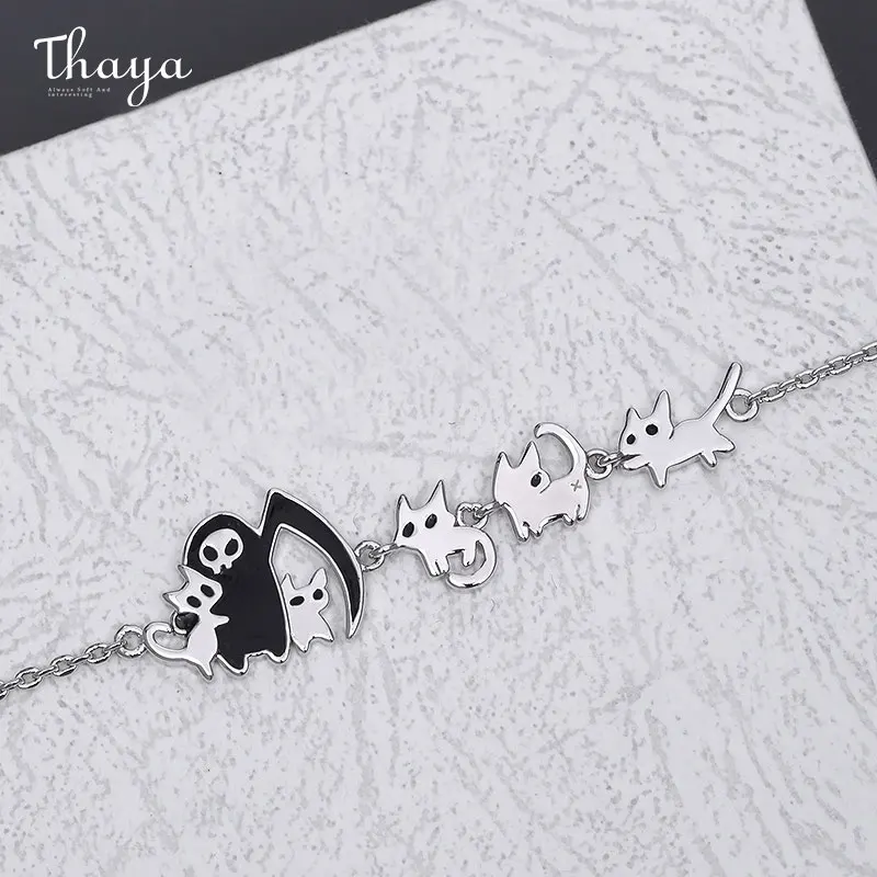 Thaya Vintage Women Bracelet Grim Reaper&Cat Design Fashion Chain Bracelet for Girls Original Design Party Jewelry Birthday Gift