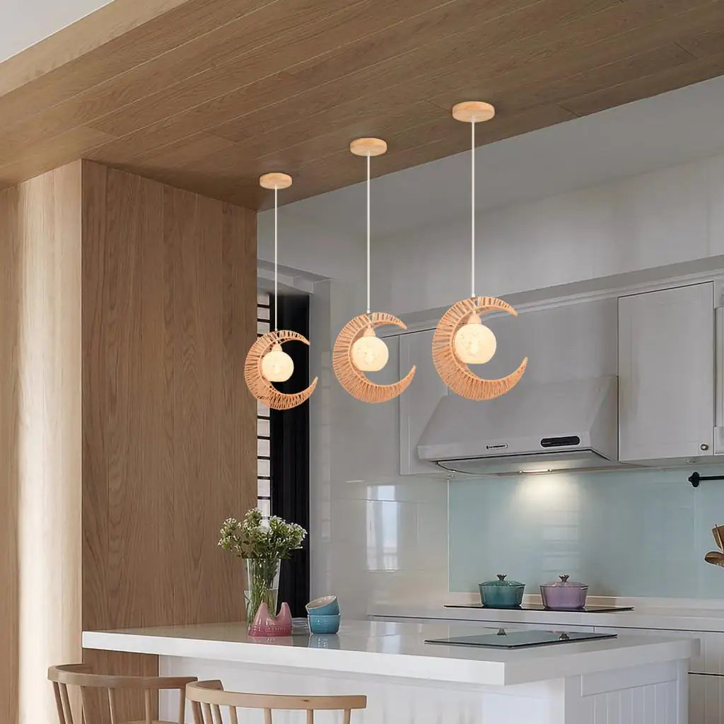 Retro Gelb Rattan Hanf Seil Mond Anhänger Licht Wohnzimmer Schlafzimmer Restaurant Bar Handgemachte Droplight Wohnkultur Lampe ﻿