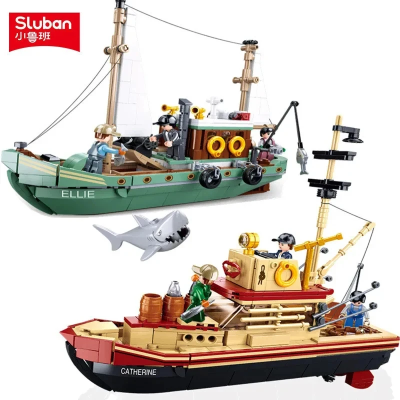 Sluban Fishing Boat Great White Shark Boat Building Blocks Pirate Ship Figures Model Bricks Set DIY Toys For Kids Holiday Gifts