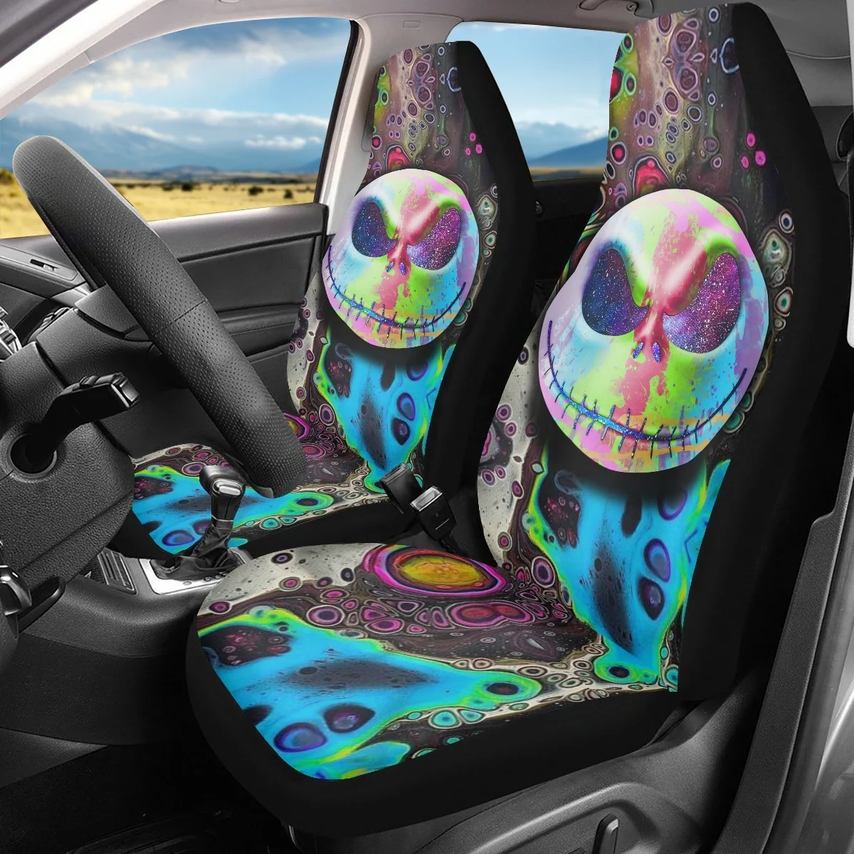 2Pcs Set Universal Cushion Covers Fit Most of Vehicle Day of the Dead Skull Pattern Auto Interior Accessories Seat Protecter