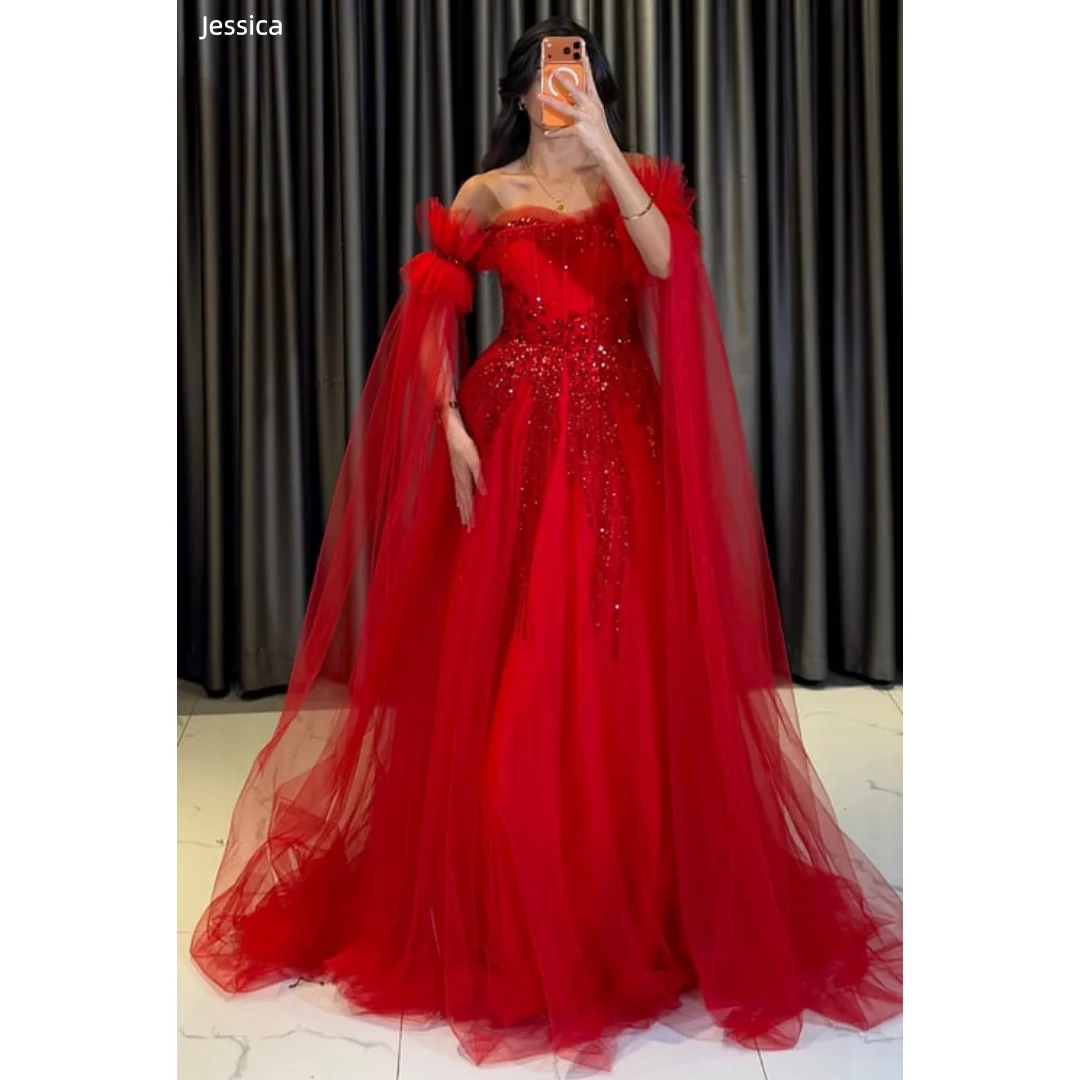 

Великолепные красные вечерние платья Jessica, блестящие бусы, платья для выпускного вечера, трапециевидные тюлевые элегантные женские вечерние платья для торжественных случаев