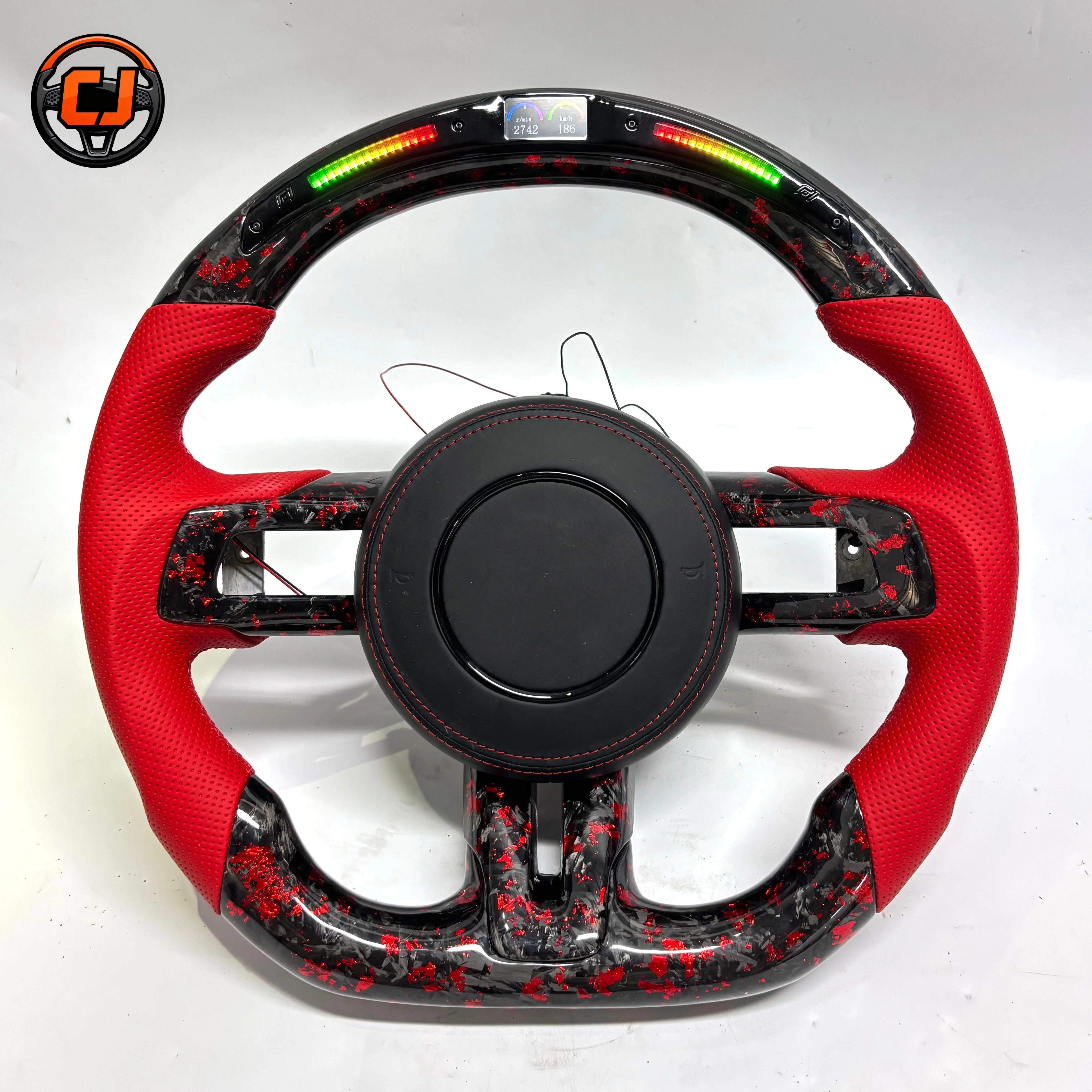 For Ford Mustang GT V6 EcoBoost Shelby GT350 GT500 2015-2023 LED Red Forged Carbon Fiber Perforated Leather Steering Wheel view 3
