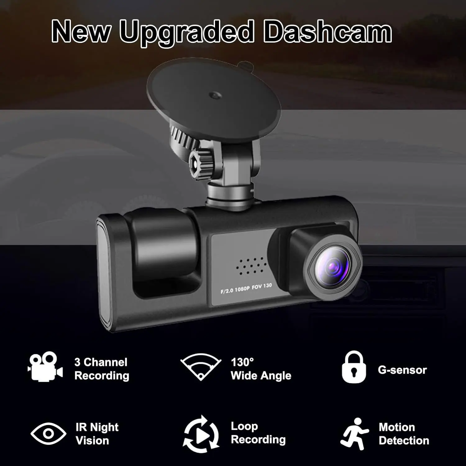 3 Channel Dash Cam Front and Rear Inside 1080P 3 Way Triple Car Camera with IR Night Vision Loop Recording