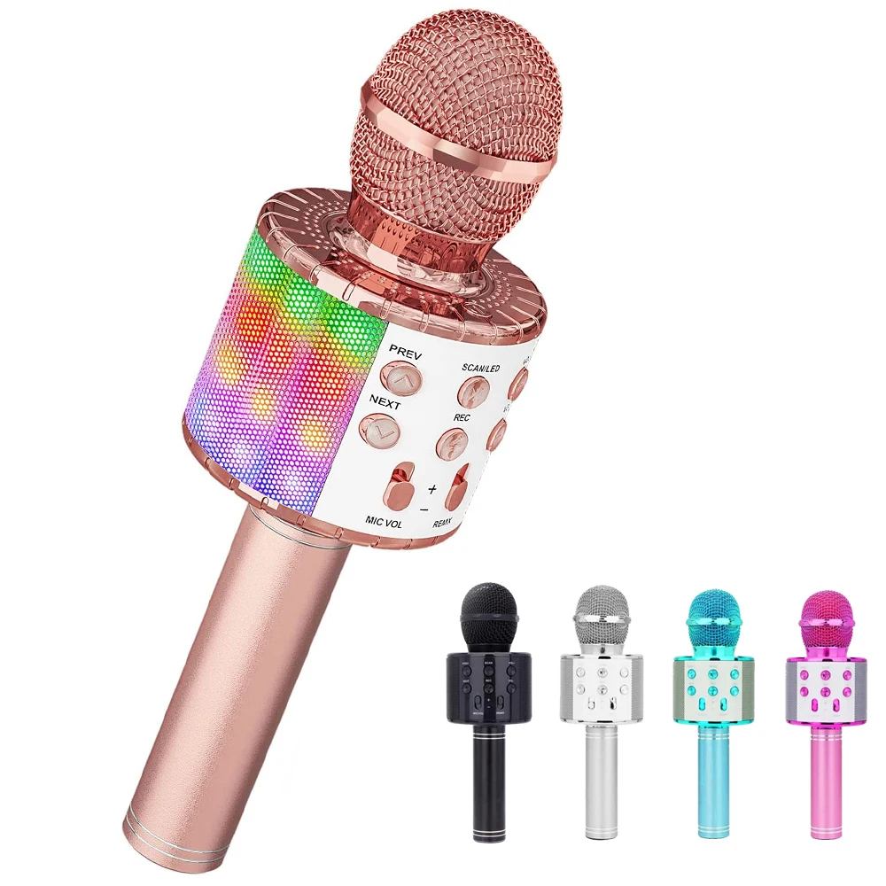 Wireless Bluetooth portable karaoke microphone for singing children and adults rechargeable battery powerful sound LED light