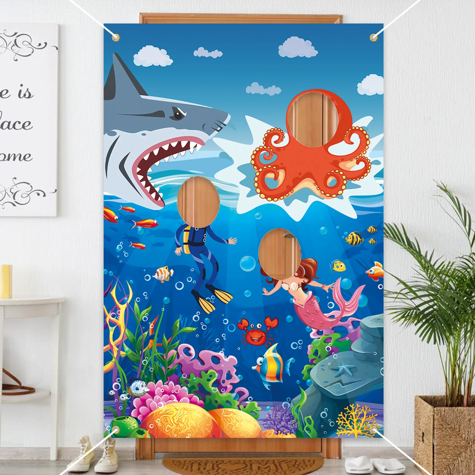 Toile de fond de bannière de photo en polyester vibrant sous la mer, grandes décorations durables de bannière de poulpe de requin petite sirène pour la mer A