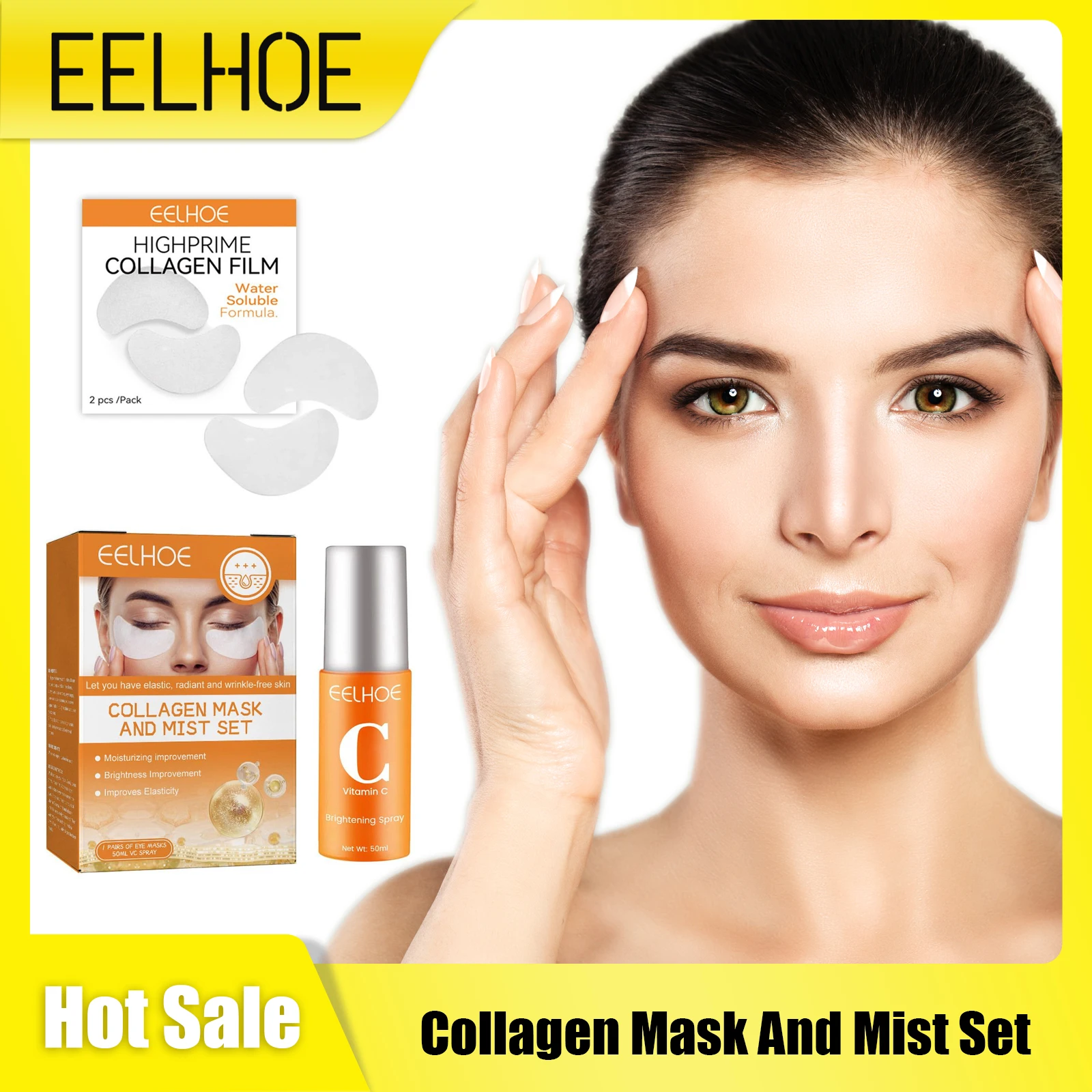 Collagen Eye Mask With Vitamin C Spray Kit Restore Skin Rejuvenation Hyaluronic Acid Firm Eye Brightening Soluble Collagen Mask