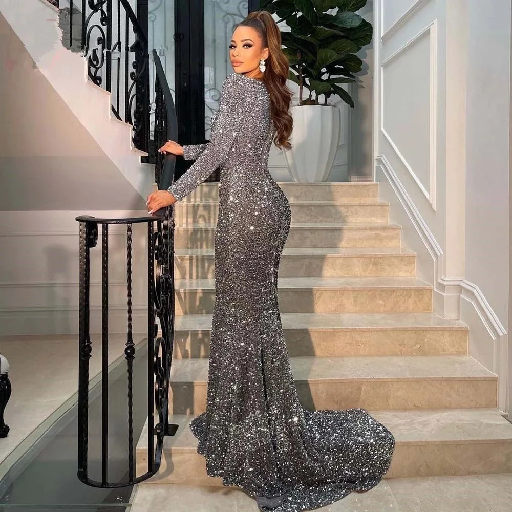 CloverBridal Elegant Noble Sequare Neckline Long Sleeves Mermaid Evening Dresses Sequined Grey 2024 فستان سهرة نسائي WE9476