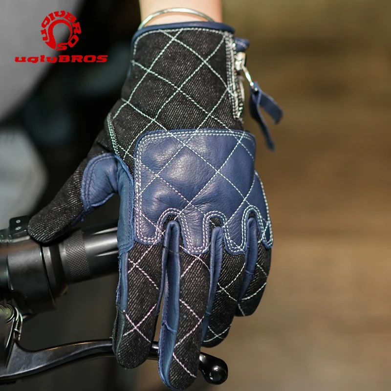 

UGLYBROS Leather Motorcycle Gloves Full Finger Denim Motocross Guantes Gloves Shockproof Touchscreen for Spring Summer Autumn