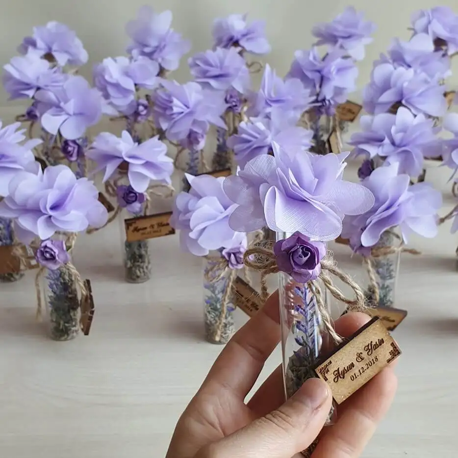 50 Set of Mini Lavender Bottles with Cork Stoppers & Personalized Name Tag as Wedding Favors