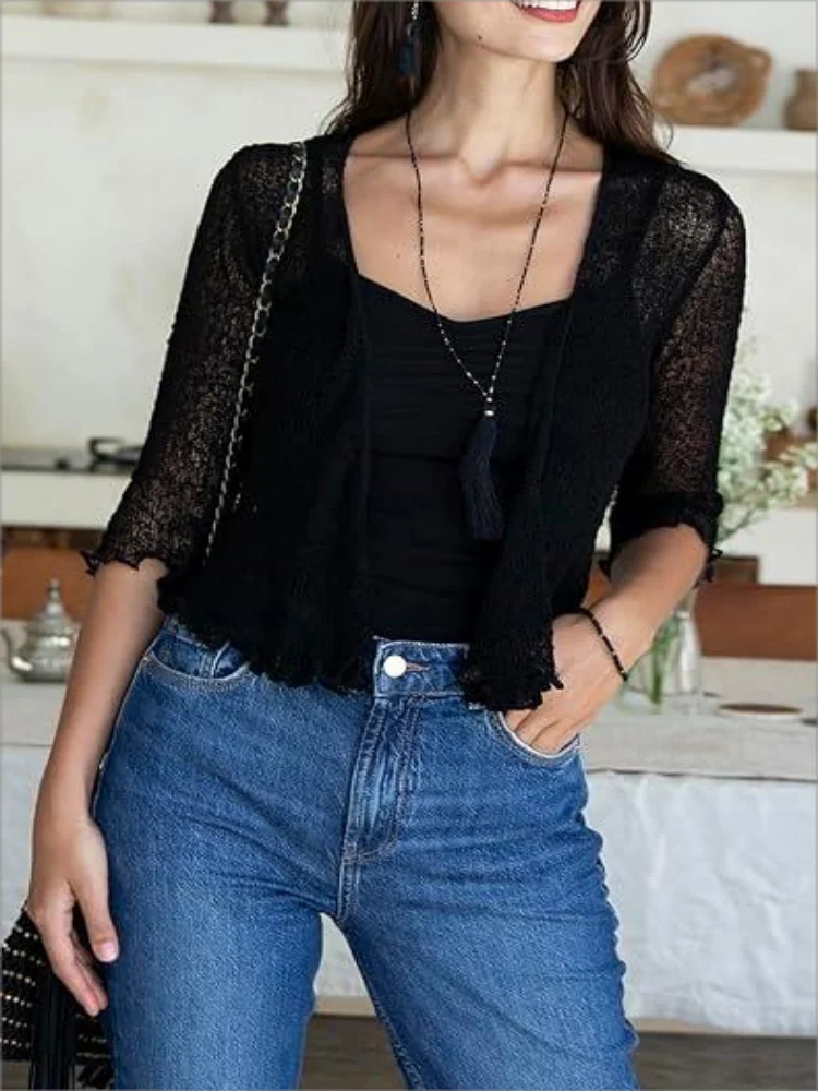 Thin sun protection shirt women\'s summer coat crop top hollow black 4/3 sleeve cardigan elegant casual shawl