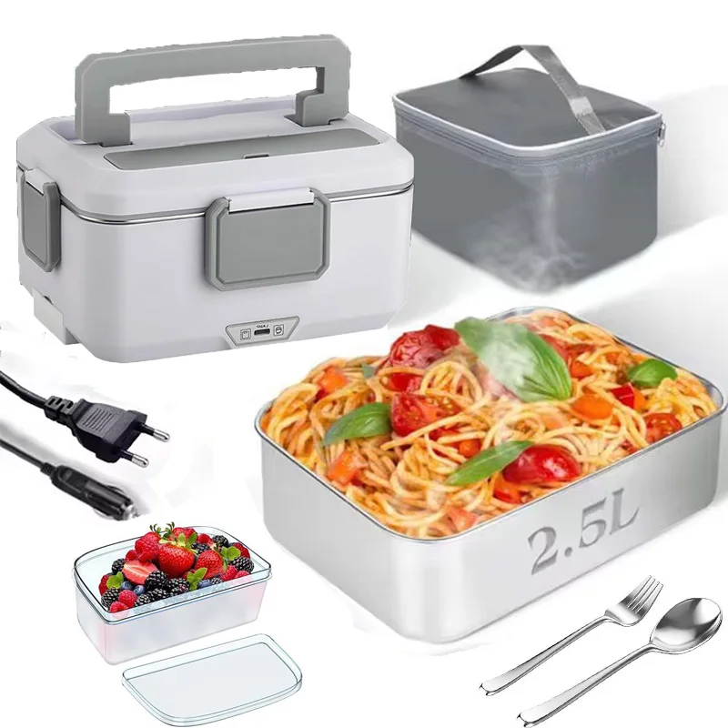 Lonchera Eléctrica Portátil con Calefacción de 90W, Recipiente de Acero Inoxidable Desmontable de 2.5L, Lonchera para Auto/Camión/Oficina, Horno Microondas