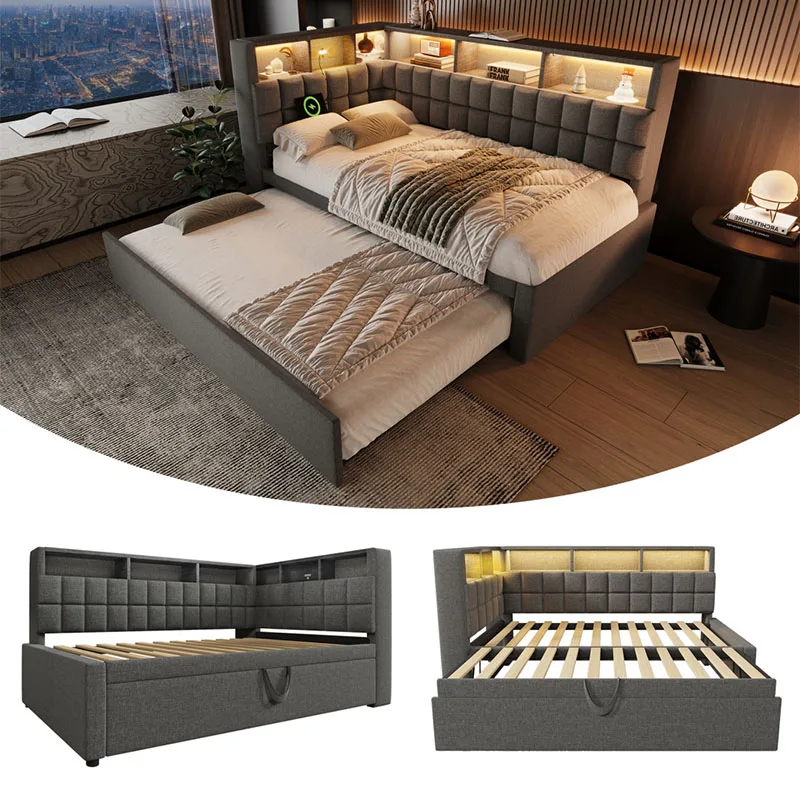 Lit coffre 90x200 avec sommier, LED et USB, lit double, tête de lit en forme de L avec rangement, cadre de lit escamotable 90x190 cm, gris, matelas non inclus, pour adultes et adolescents