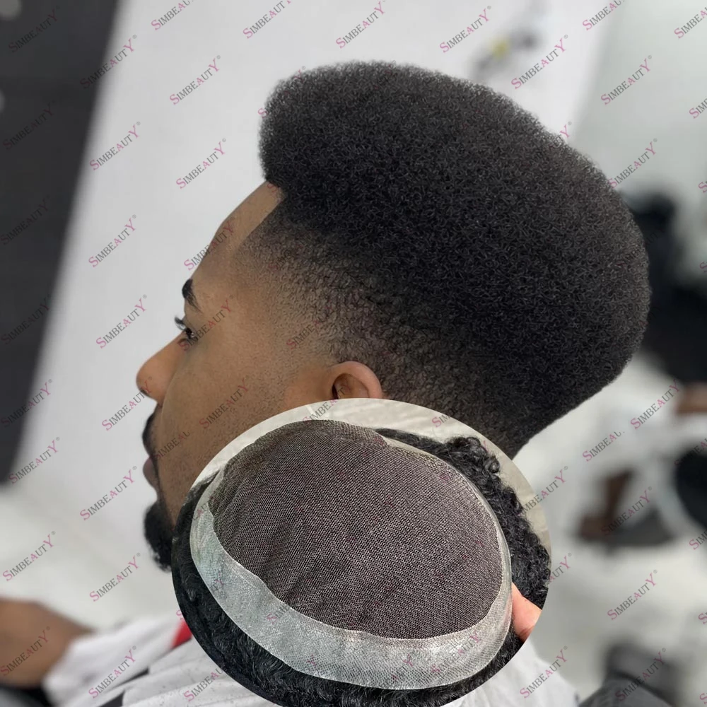 

Мужской парик-накладка Afro 4-6 мм с дышащей кружевной основой для лысых мужчин, прочный, черный, из кружева и полиуретана, для замещения волос