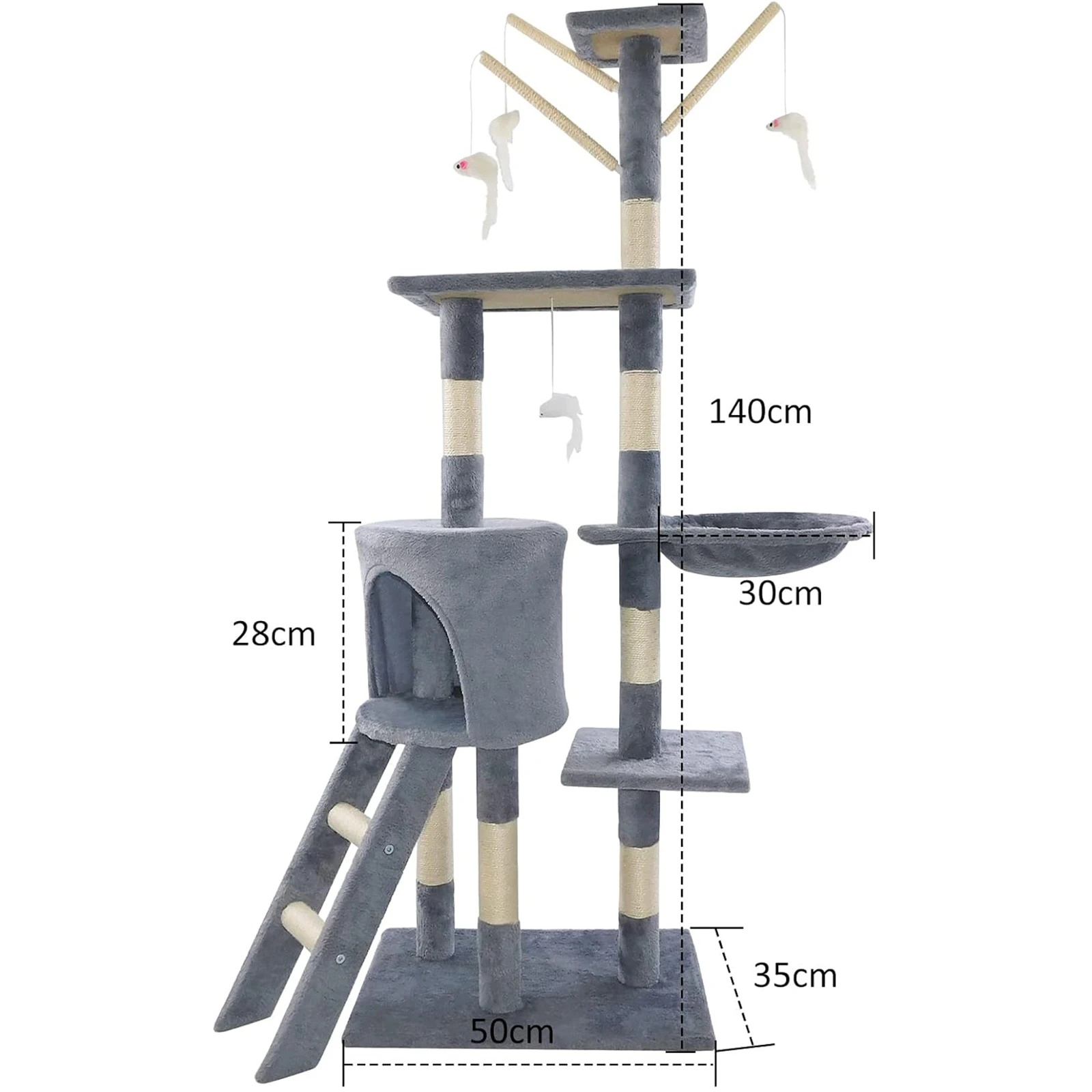 Neu 143CM Fünf Schichten Großformat Kratzbaum Turm Kratzbäume Mehrstöckiges Katzenkletterhaus mit Eigentumswohnungen und Leiter Haustieraktivitätszentrum für Katzenspiel und -ruhe