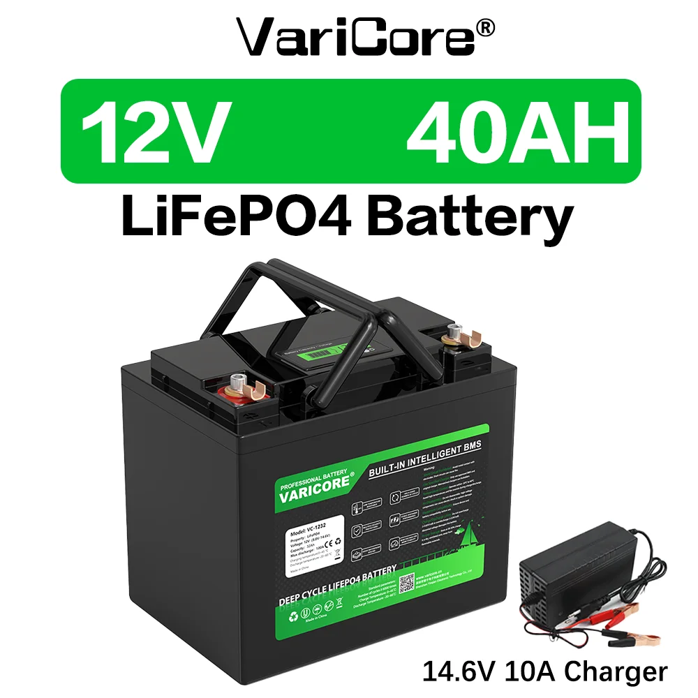 12V 40Ah LiFePO4-Akkupack 12,8V Kompakte Größe Lithium-Eisenphosphat mit integriertem Smart-BMS, wiederaufladbarer Tiefzyklus-Akku zur Überwachung, für USV, kleine Wohnmobile, Boote und