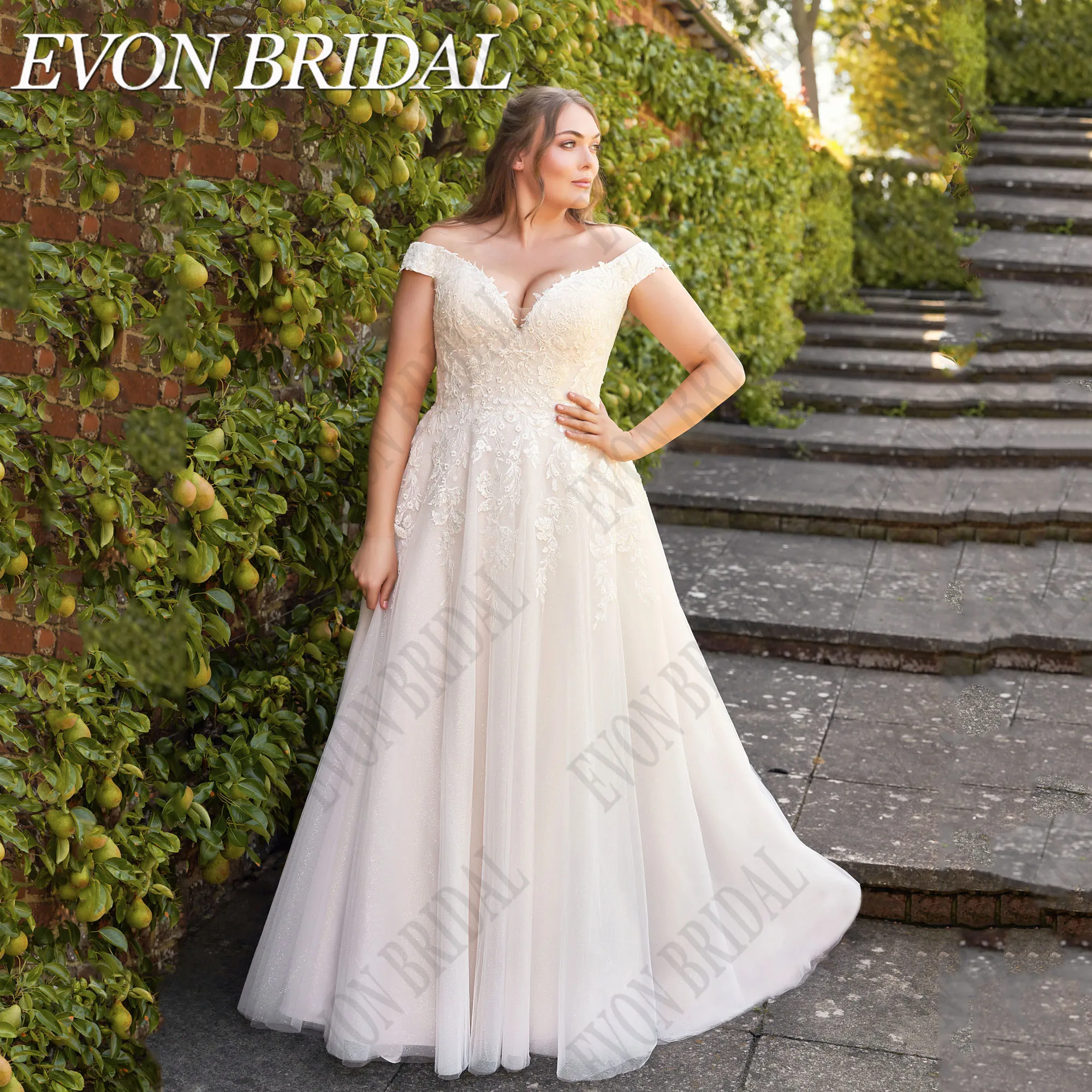 

EVON BRIDAL Off Shoulder Oversize Bride Gowns V-Neck Sparkling Applique Lace Wedding Dresses Customized Boho vestido de novia