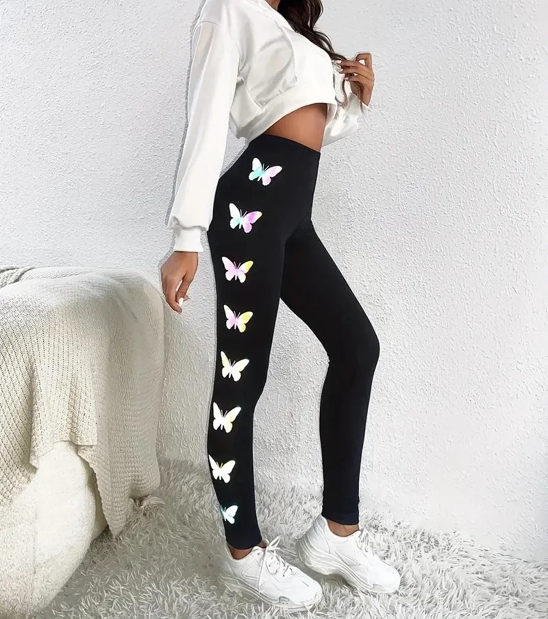 Butterfly print casual stretch everyday wearing tight leggings for women