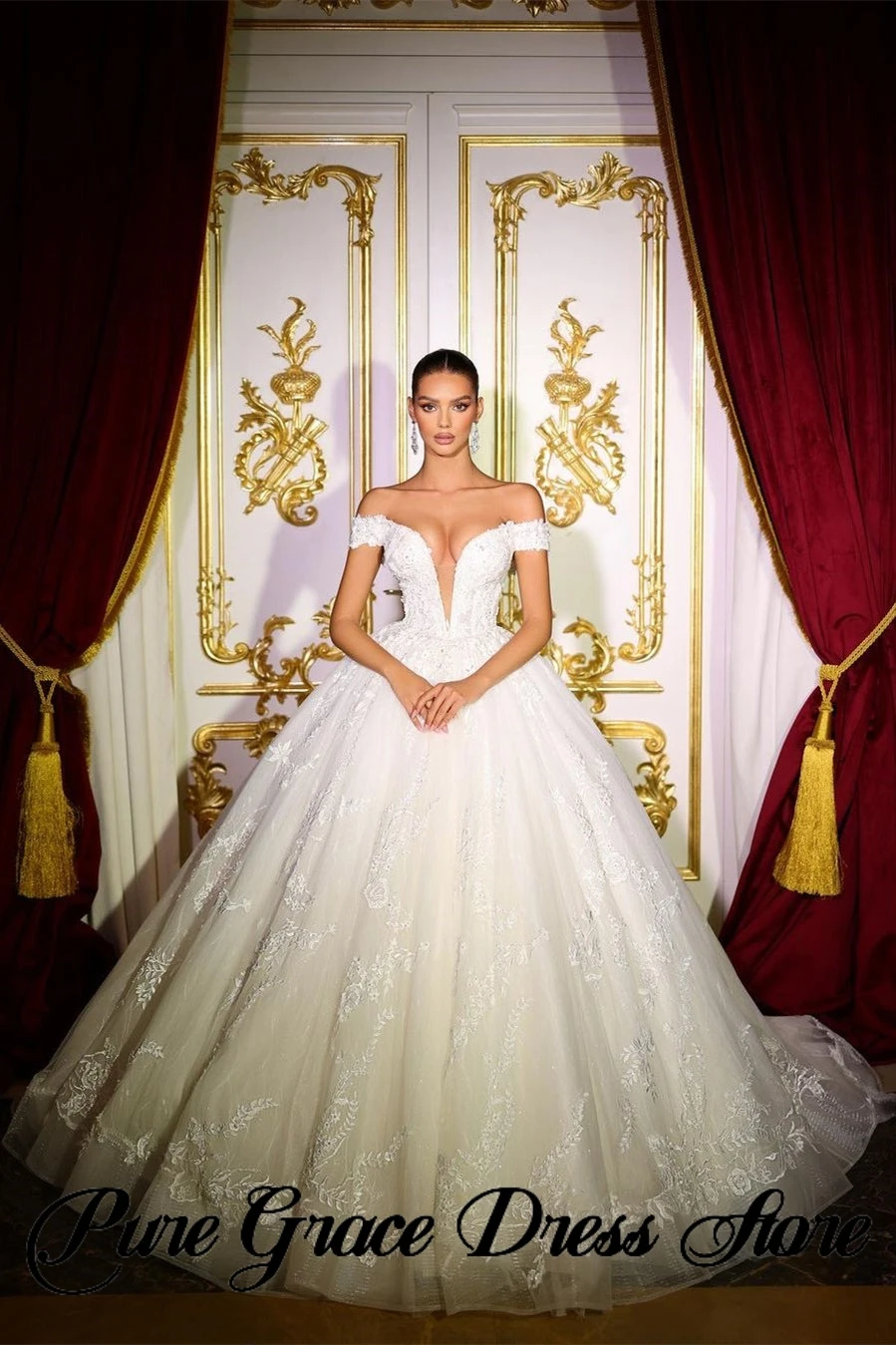 Robe de mariée longue à épaules dénudées pour femmes, belle robe de Rhclassique, col en V, appliques, patients en fibres, quoi que ce soit pour les femmes