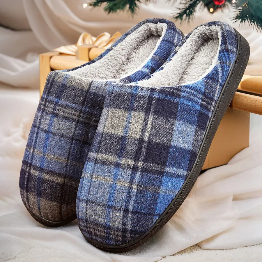 men\'s house slippers plaid furry comfy memory foam casual family shoes winter warm soft bedroom slippers