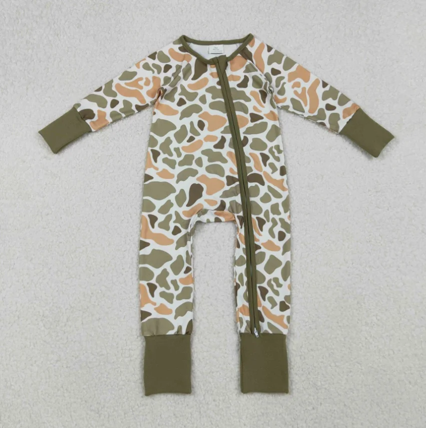 

Infant Kids LR2578 Green Camo Print Baby Fall Zipper Sleeper Romper Children Long Sleeve Rompers