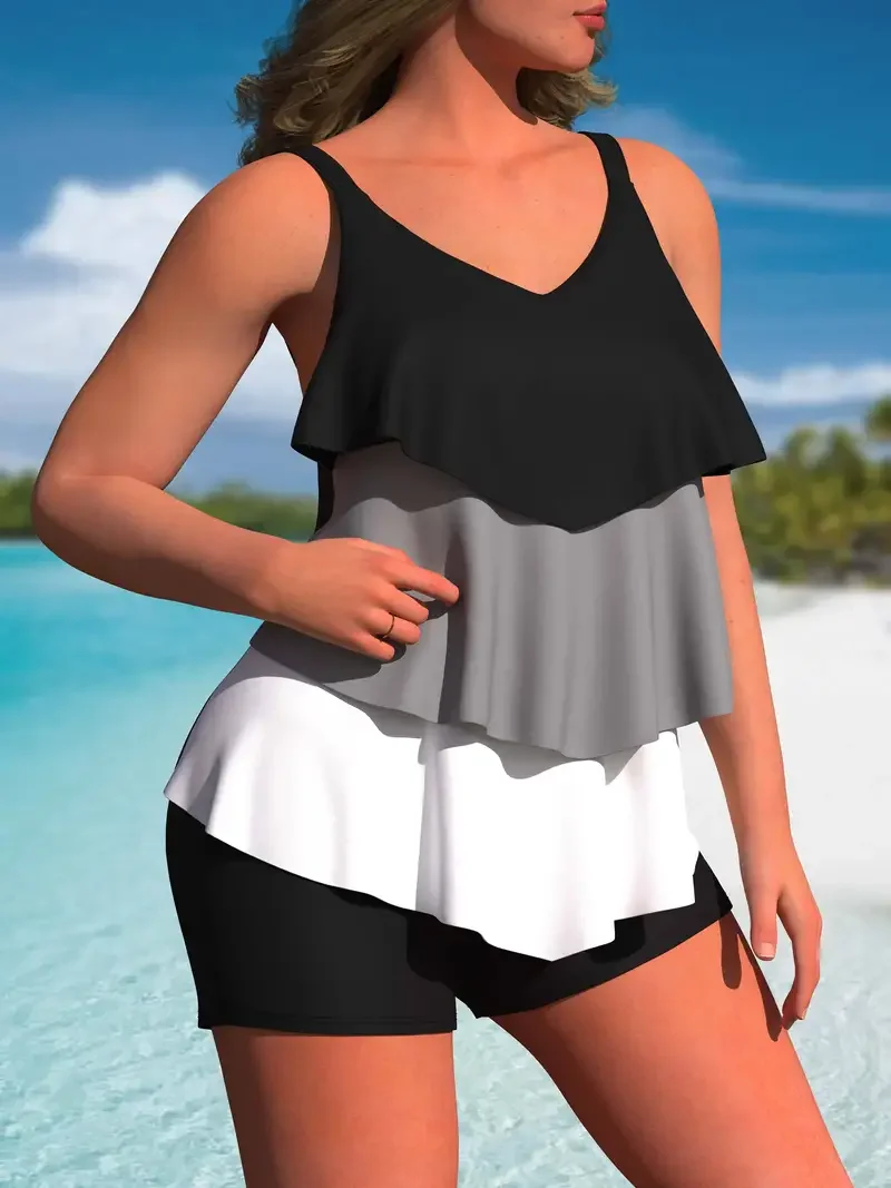 Set costume da bagno Tankini con volant color block: copertura alla moda, comodo stile vacanza