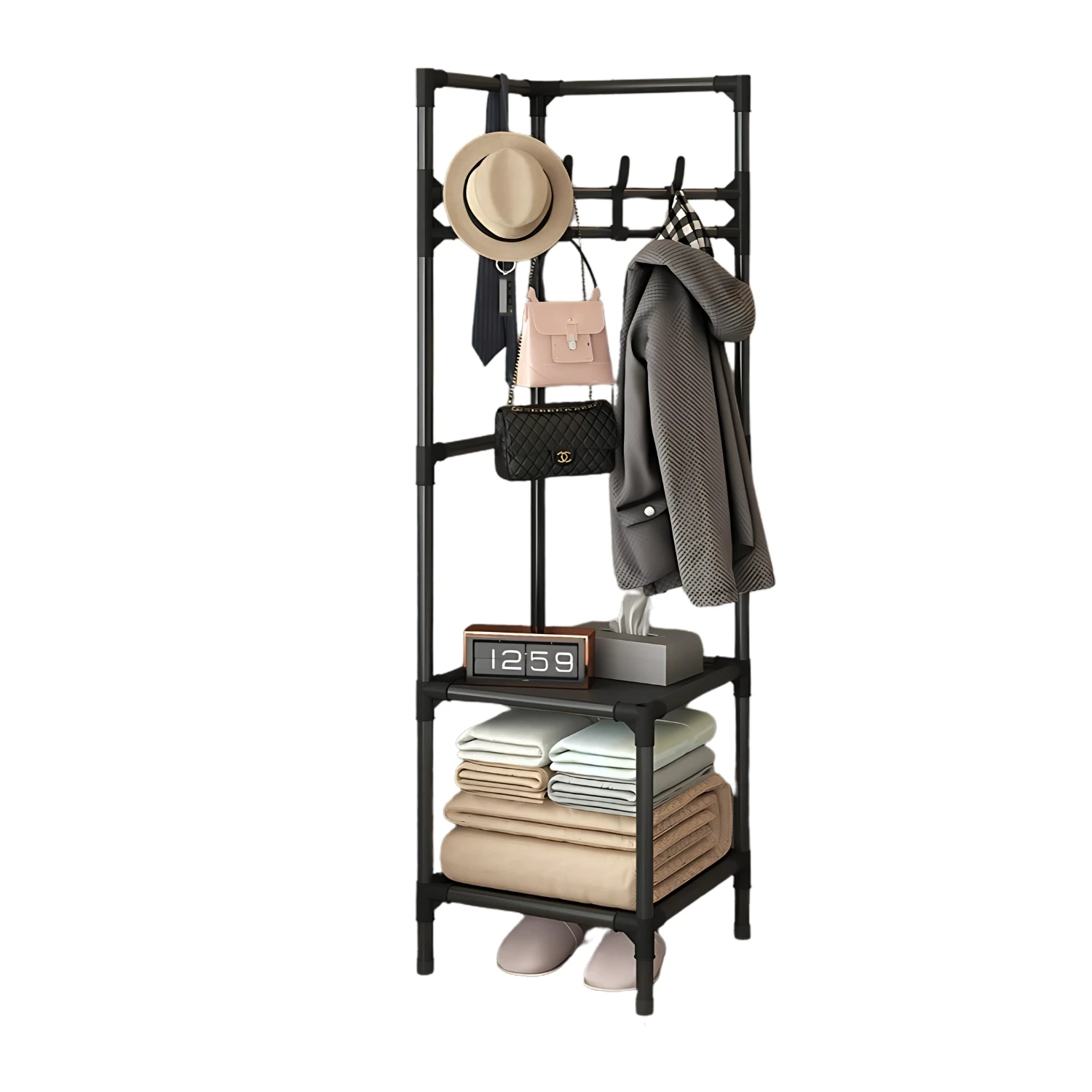 Perchero de pie, Zapatero, Compacto de varios niveles, Organizador esquinero de prendas y zapatos, Vertical, Tubo metal, Vestidor portátil para recibidor, Entrada auxiliar, Sala de estar, Salón, Ligero y resistente