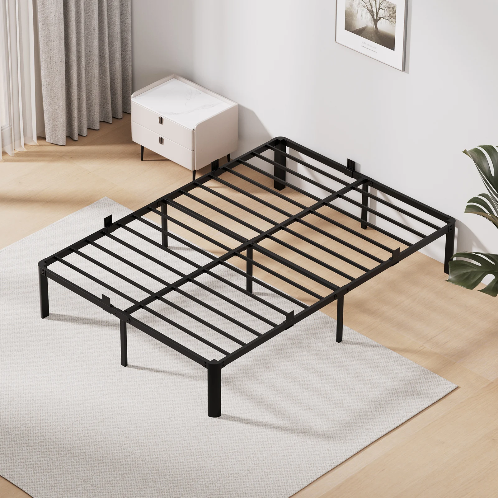 Cadre de Lit Métal 140x190cm, Sommier Plateforme avec Rangement 32cm, Robuste 360kg, Sans Bruit, Pieds de Sécurité Arrondis