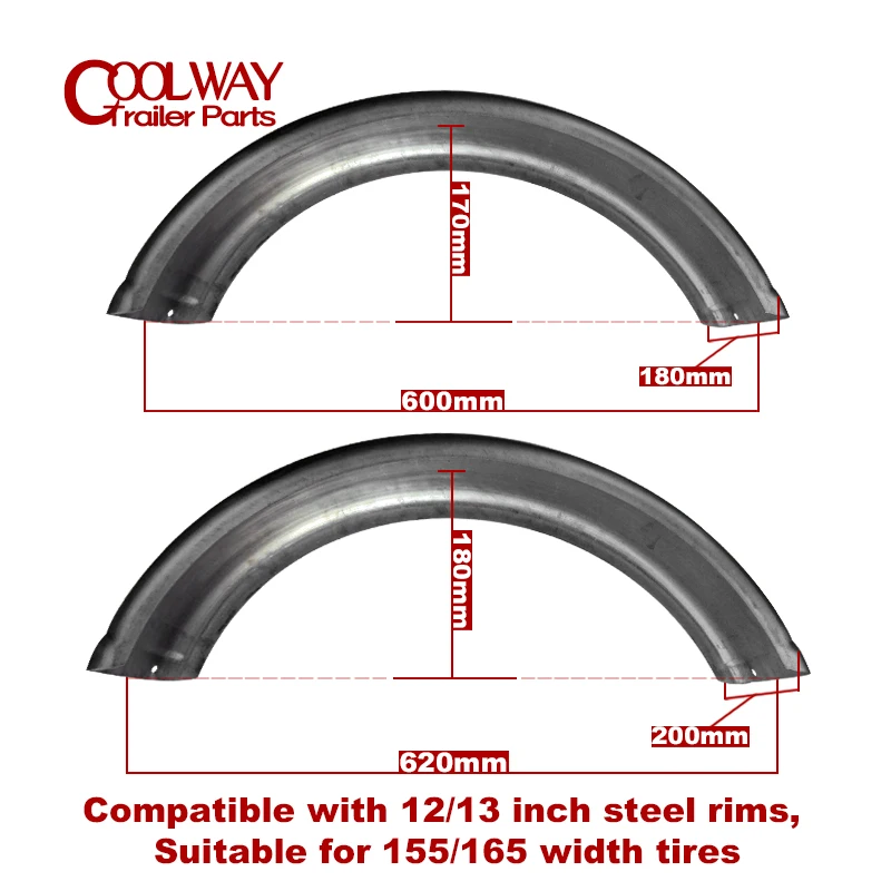 Fits 12/13Inch Wheels Rim Fenders Natural Steel Trailer Mudguard 155/165 Width Tires Price for Pair Parts Accessories Components